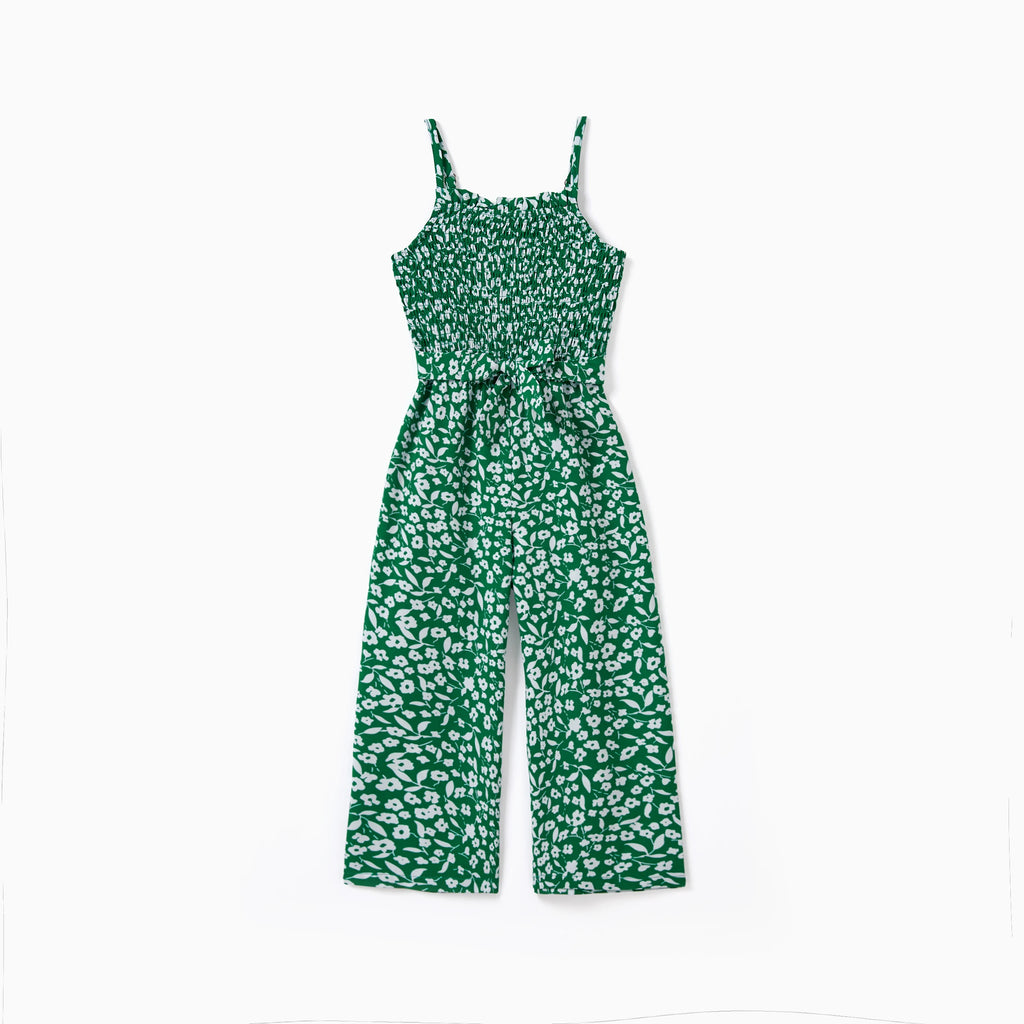 PatPat Matching Floral Print Green Smocked Strap Jumpsuits for Mommy and Me