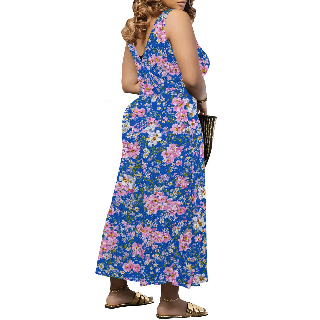 Women's Jumpsuit V Neck Floral Sleeveless Leg Wide Leg Pants Tied One Piece Casual Loose Summer Outfits Rompers