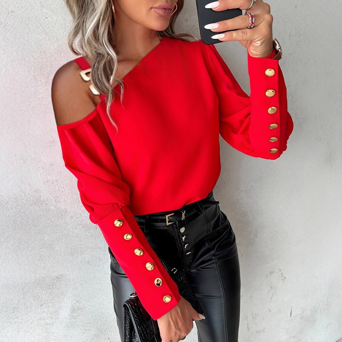 Solid Color Shoulder Collar Button Shirt For Women