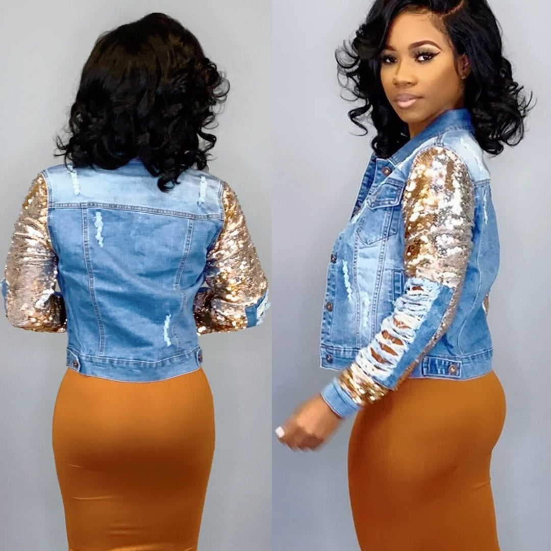 Women's Ripped Sequin Washed Denim Jacket