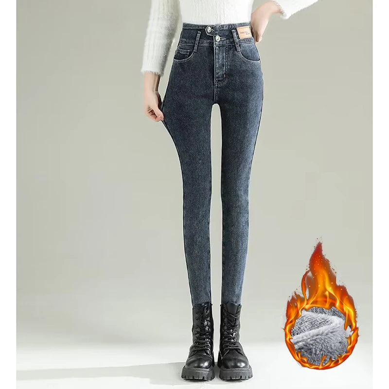Winter Girls Fleece Thicken Straight Leg Jeans Women Snow Warm High Waist Casual Denim Trousers Lady Korean Plush Thermal Pants