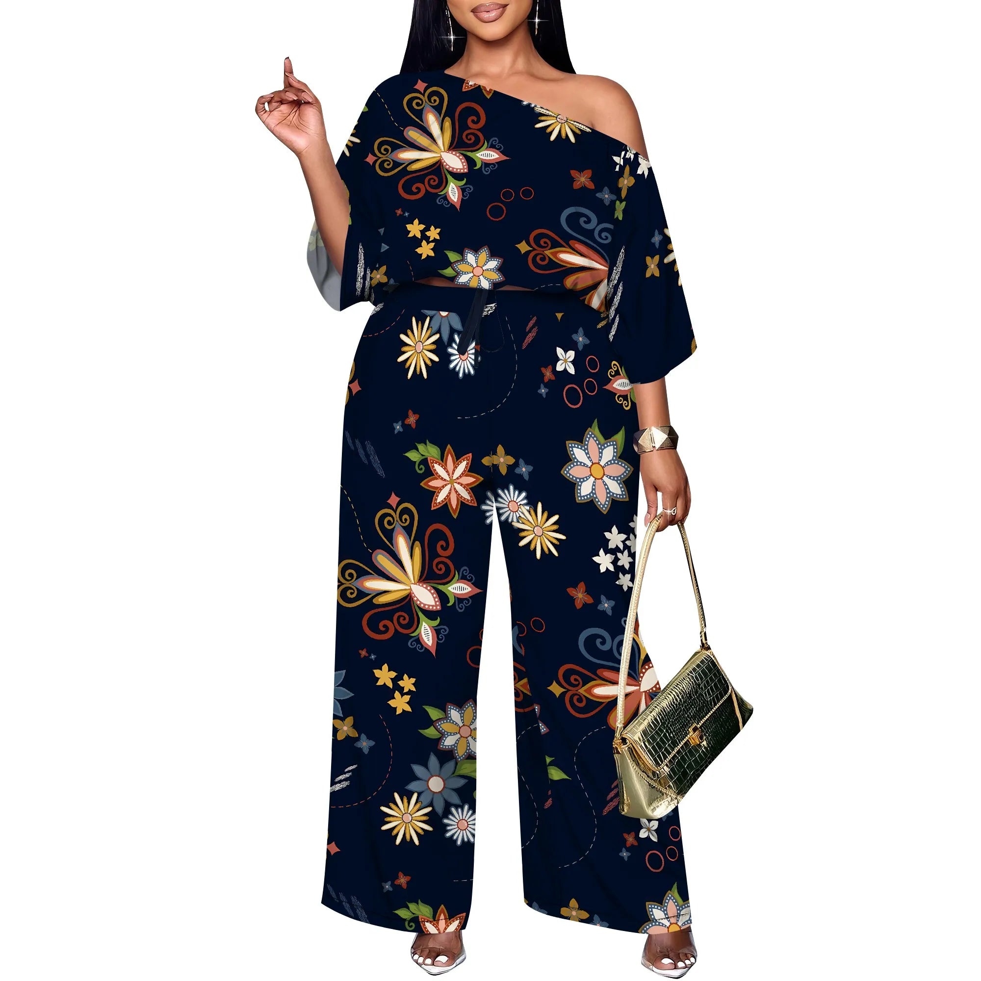 Elegant Women Two Piece Set Off Shoulder Top and Wide Leg Pants Abstract Floral Print Casual Outfit Standard Size