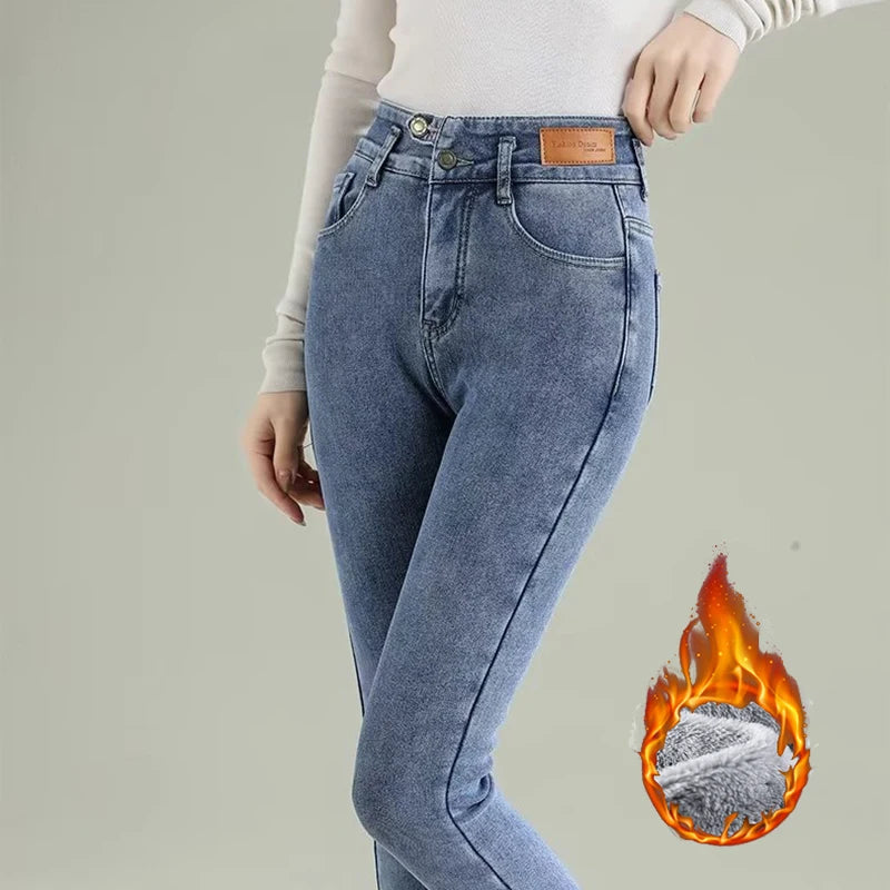 Winter Girls Fleece Thicken Straight Leg Jeans Women Snow Warm High Waist Casual Denim Trousers Lady Korean Plush Thermal Pants