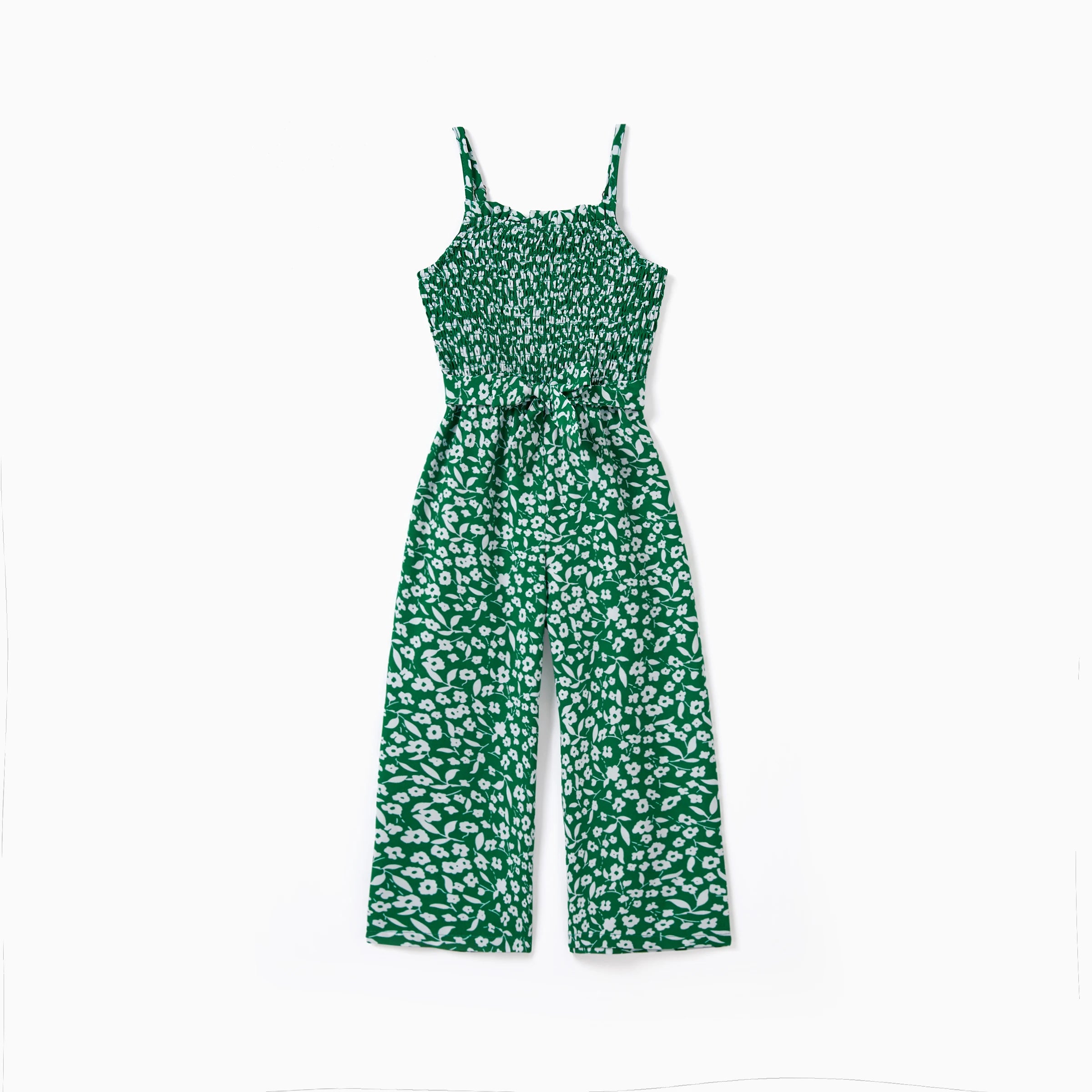 PatPat Matching Floral Print Green Smocked Strap Jumpsuits for Mommy and Me