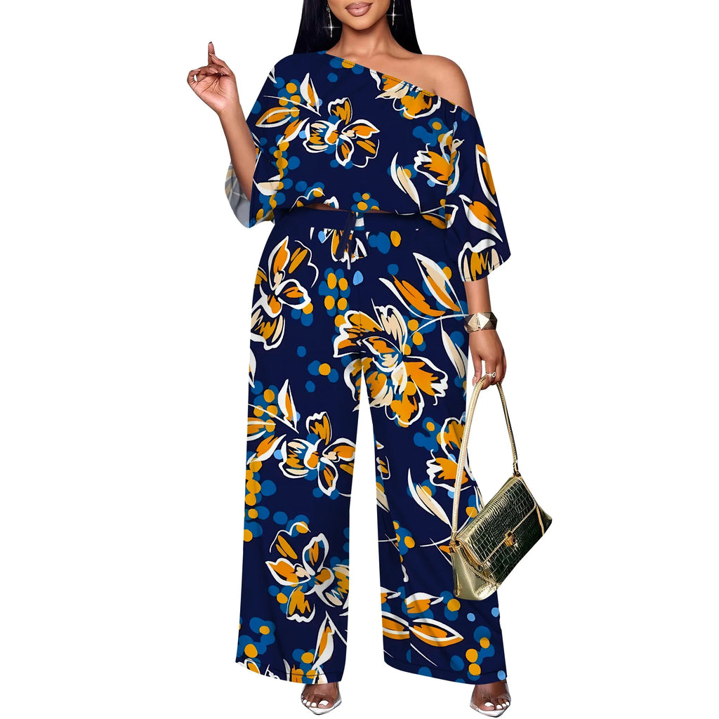Elegant Women Two Piece Set Off Shoulder Top and Wide Leg Pants Abstract Floral Print Casual Outfit Standard Size