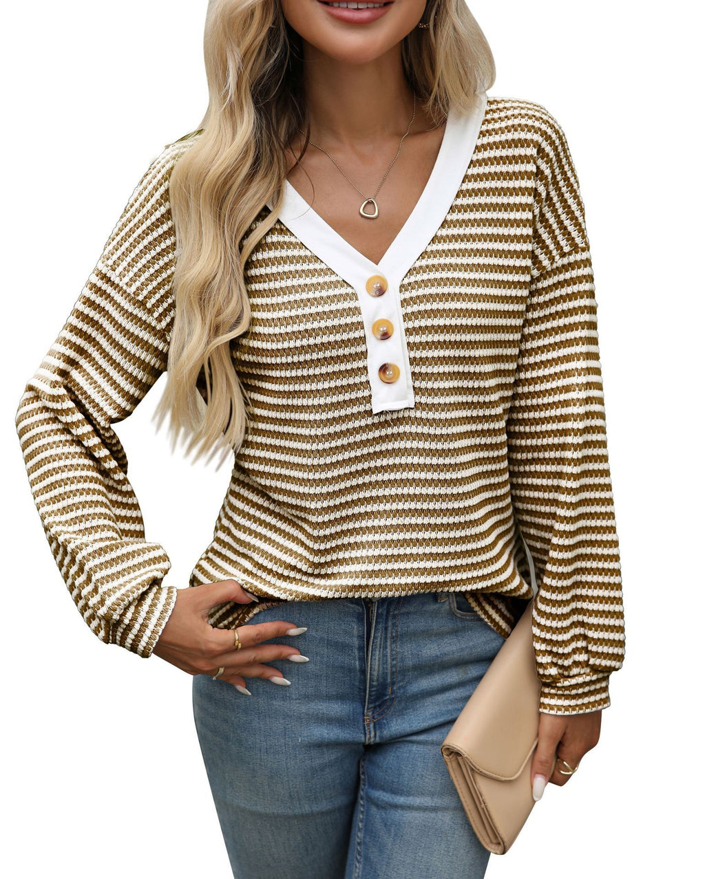 Women's V-neck Buttons Pullover Patchwork Casual Long-sleeved Top