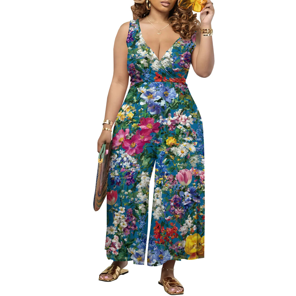 Women's Jumpsuit V Neck Floral Sleeveless Leg Wide Leg Pants Tied One Piece Casual Loose Summer Outfits Rompers