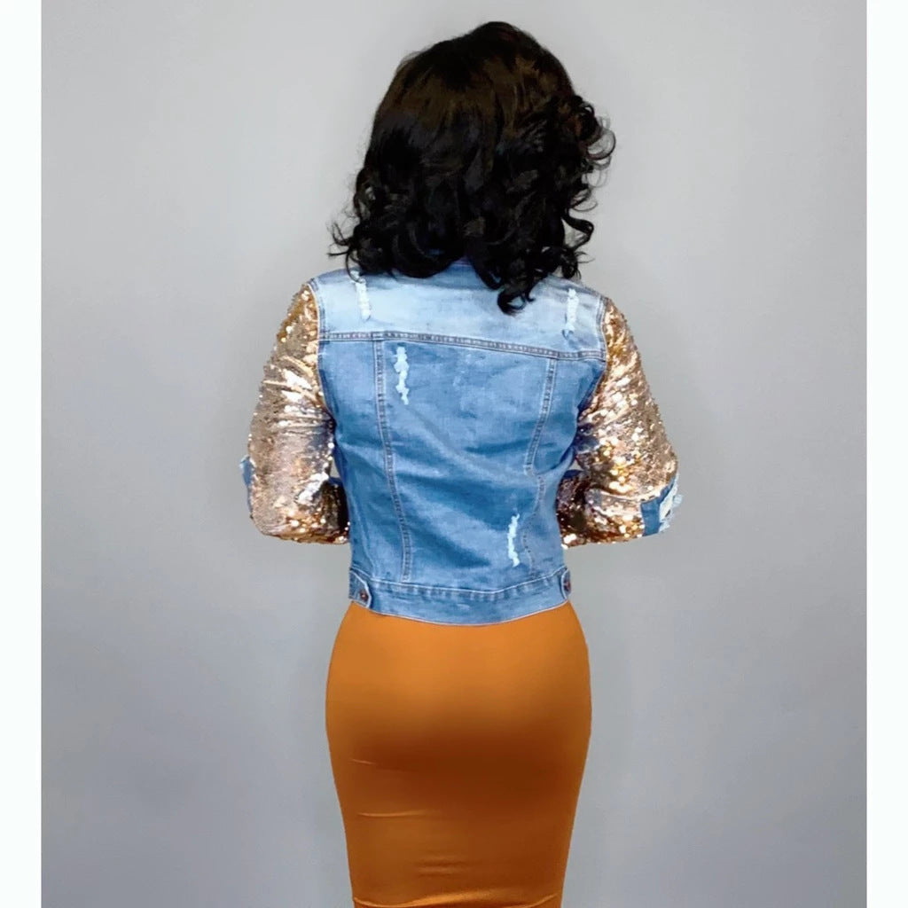 Women's Ripped Sequin Washed Denim Jacket