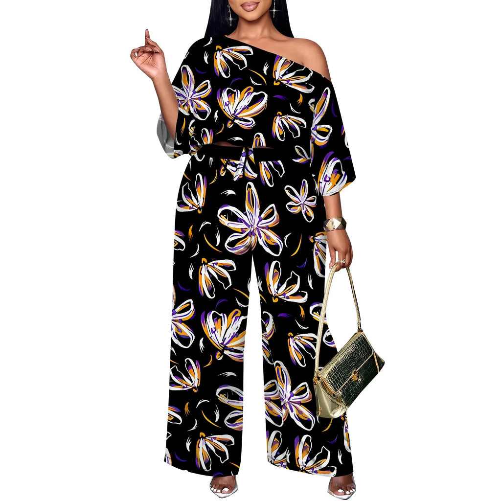 Elegant Women Two Piece Set Off Shoulder Top and Wide Leg Pants Abstract Floral Print Casual Outfit Standard Size