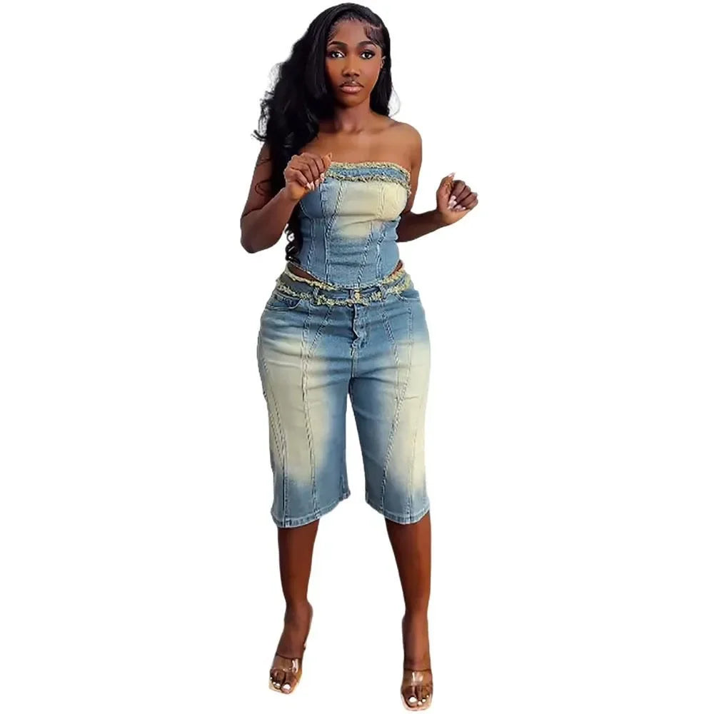 Women's Denim Suits.  Fashionable Fringed Strapless Top and High-waisted Short Jeans for Women
