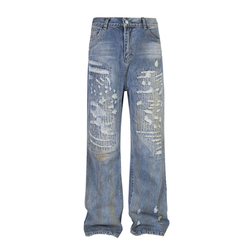 Punk Make Old Ripped Letter Denim Trousers Men