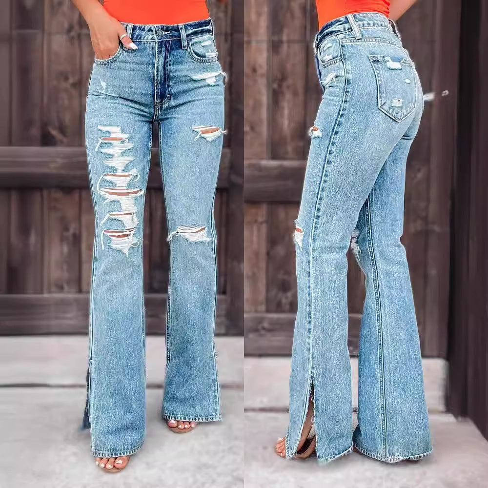 High Waist Ripped Split Stretch Jeans for Women