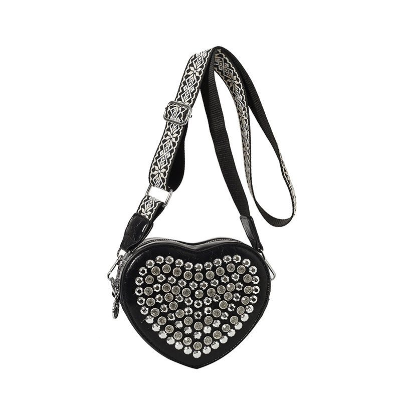 Heart Bag Wide Shoulder Strap Western Style All-matching Rivet Crossbody Phone Bag