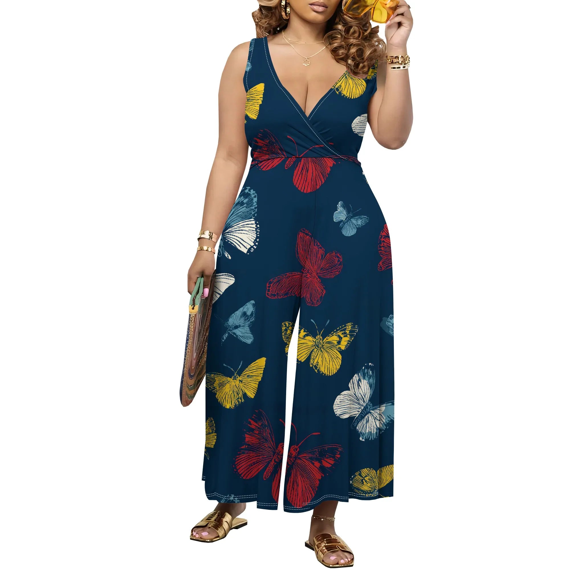 Women's Jumpsuit V Neck Floral Sleeveless Leg Wide Leg Pants Tied One Piece Casual Loose Summer Outfits Rompers