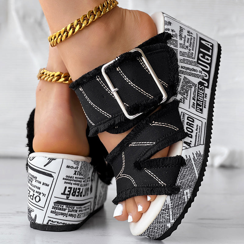 Newspaper Hem Platform Wedge Slides - Anklet Not Included
