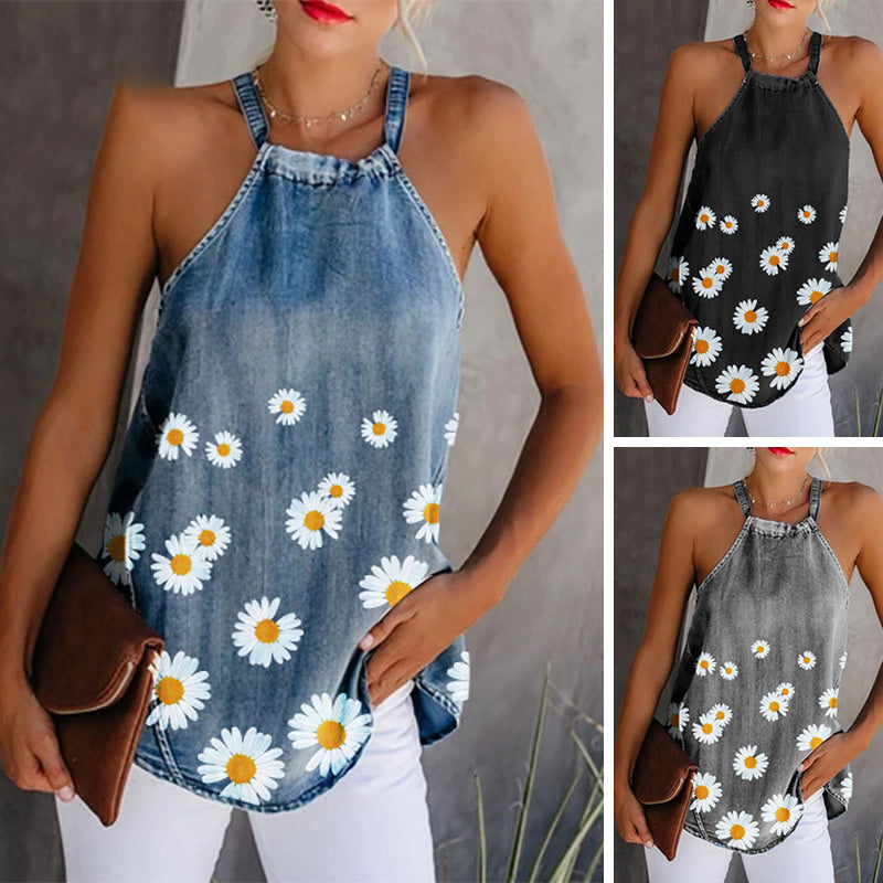 Printed denim camisole