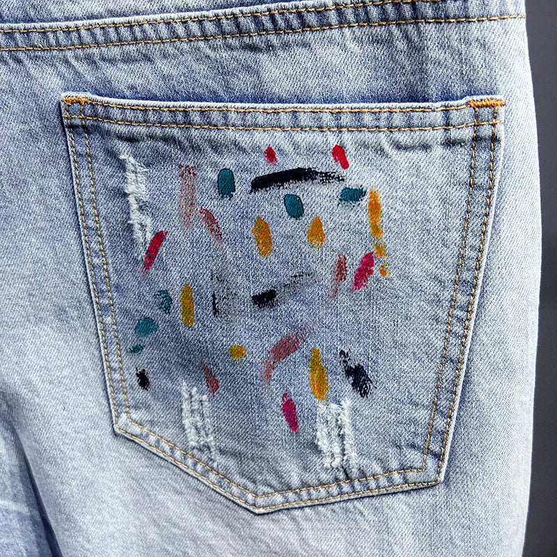 Men's Large Cotton Ripped Washed Denim Shorts