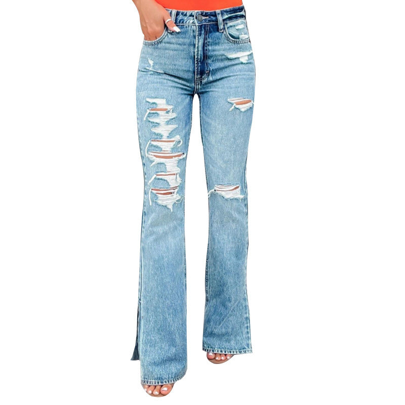 High Waist Ripped Split Stretch Jeans for Women