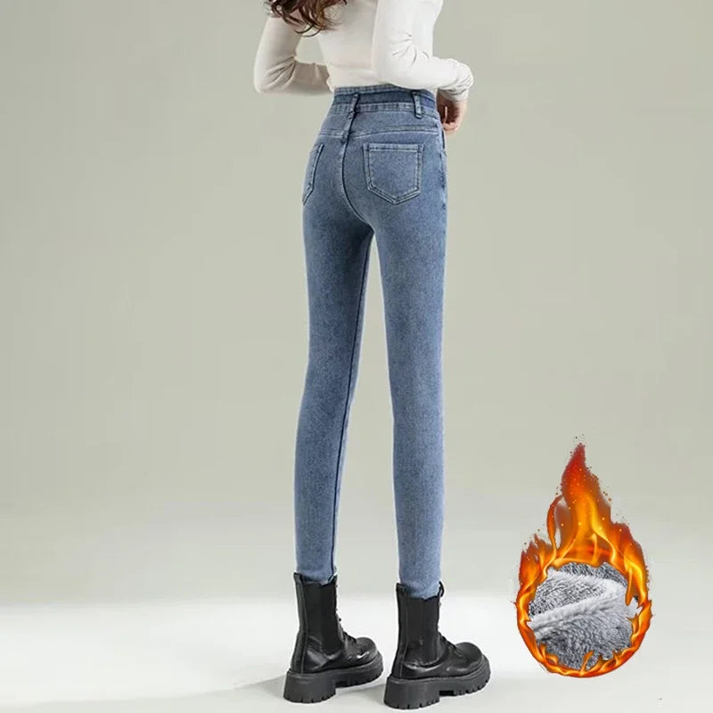 Winter Girls Fleece Thicken Straight Leg Jeans Women Snow Warm High Waist Casual Denim Trousers Lady Korean Plush Thermal Pants