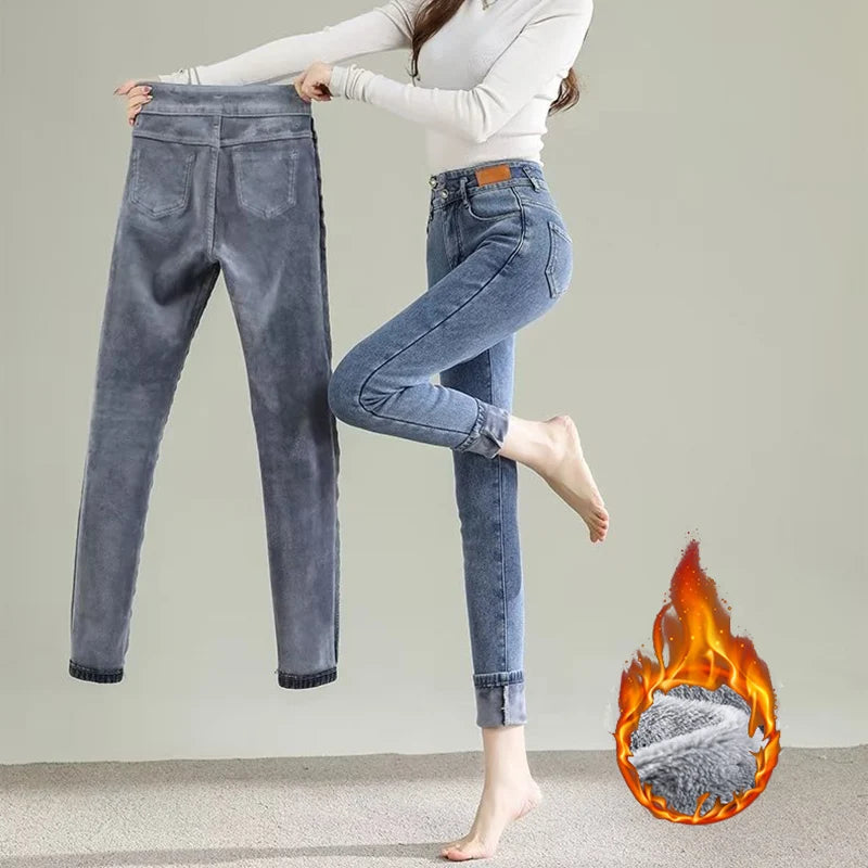 Winter Girls Fleece Thicken Straight Leg Jeans Women Snow Warm High Waist Casual Denim Trousers Lady Korean Plush Thermal Pants