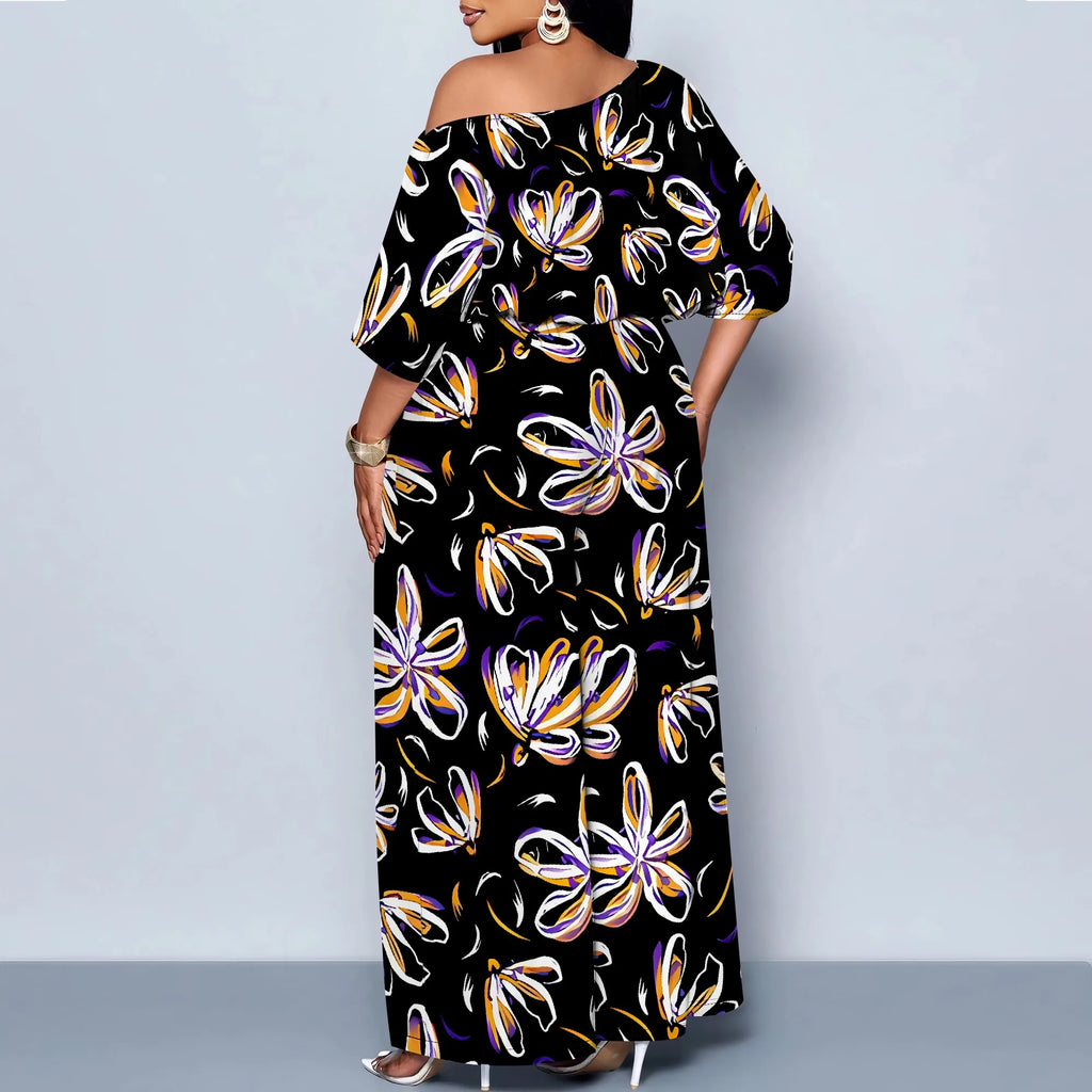 Elegant Women Two Piece Set Off Shoulder Top and Wide Leg Pants Abstract Floral Print Casual Outfit Standard Size