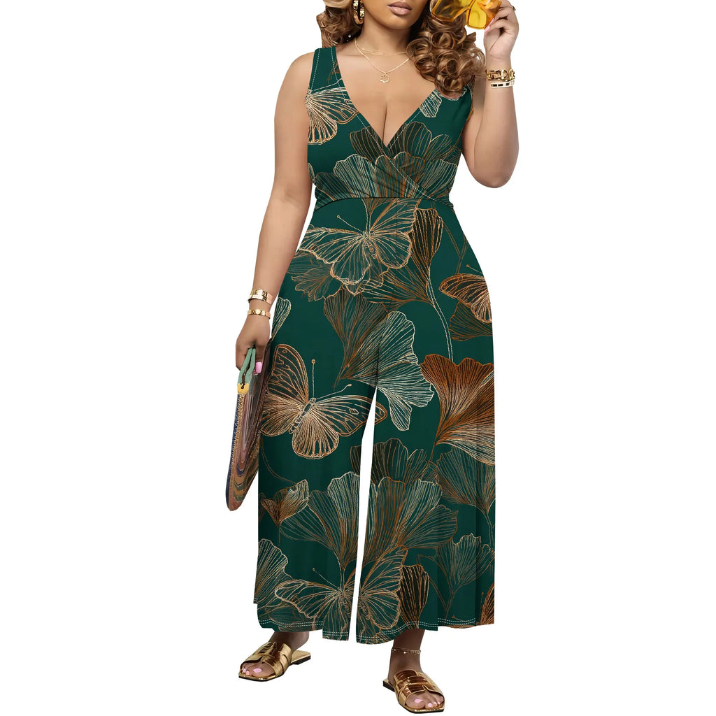 Women's Jumpsuit V Neck Floral Sleeveless Leg Wide Leg Pants Tied One Piece Casual Loose Summer Outfits Rompers