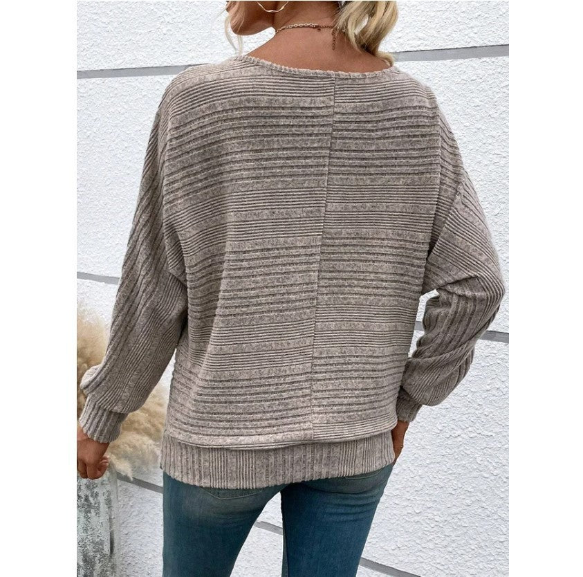 Solid Striped Batwing Sleeves T-shirt Fashion Casual Pullover Round Neck Long Sleeve Top Spring And Autumn Women's Clothing
