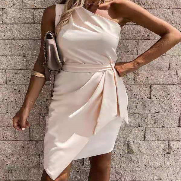 Solid Color Sleeveless Slanted Shoulder Irregular Tie Party Dress