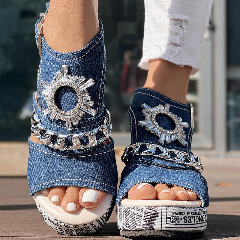 Newspaper Buckle Denim Wedge Slides - Anklet Not Included