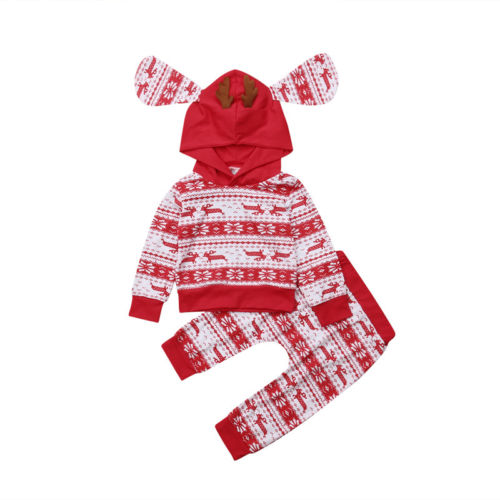 Kids Xmas Hooded Clothes Sets Infant Baby Boy Girl