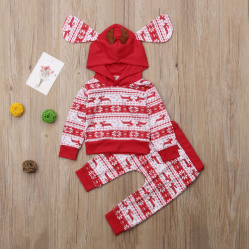 Kids Xmas Hooded Clothes Sets Infant Baby Boy Girl