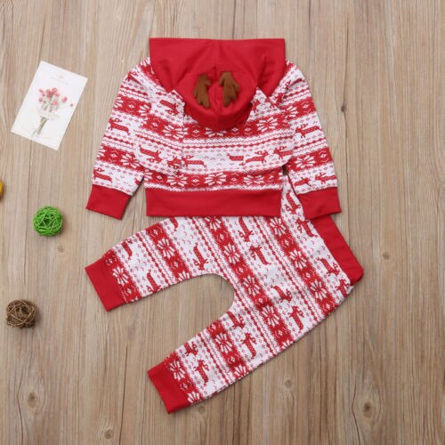Kids Xmas Hooded Clothes Sets Infant Baby Boy Girl