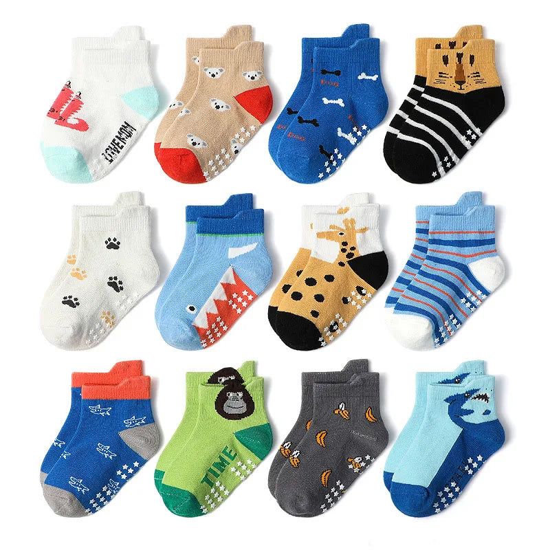 6 Pairs Kids Socks Cartoon Animal Pattern Cotton Non-Slip Floor Socks