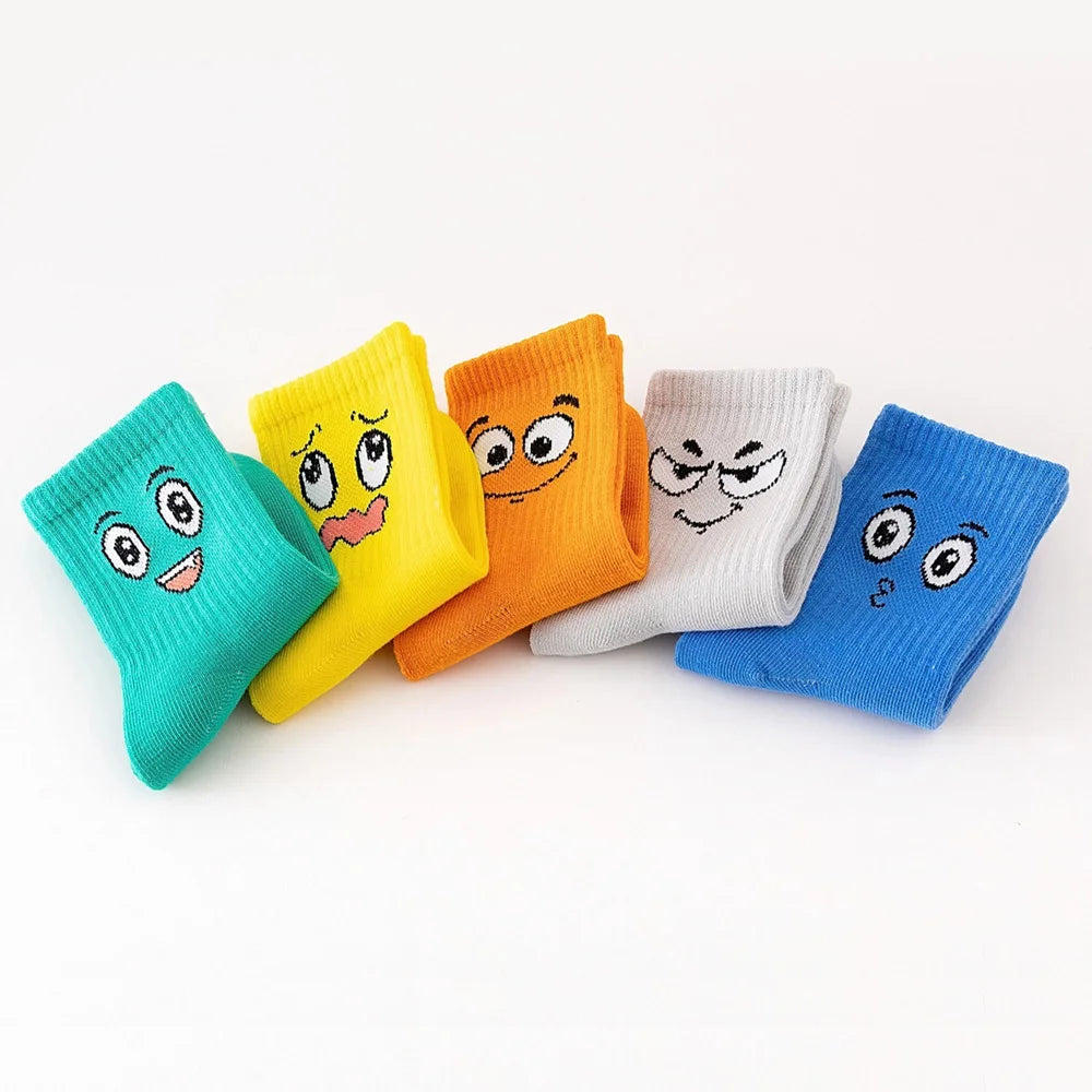 5 Pairs Kids Socks Emoticons Funny Face Pattern Comfortable Breathable