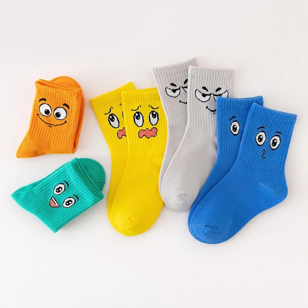 5 Pairs Kids Socks Emoticons Funny Face Pattern Comfortable Breathable