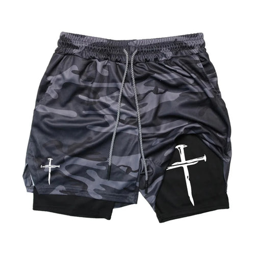 Men's Cross Print 2-in-1 Sports Shorts with Towel Loop Athletic
