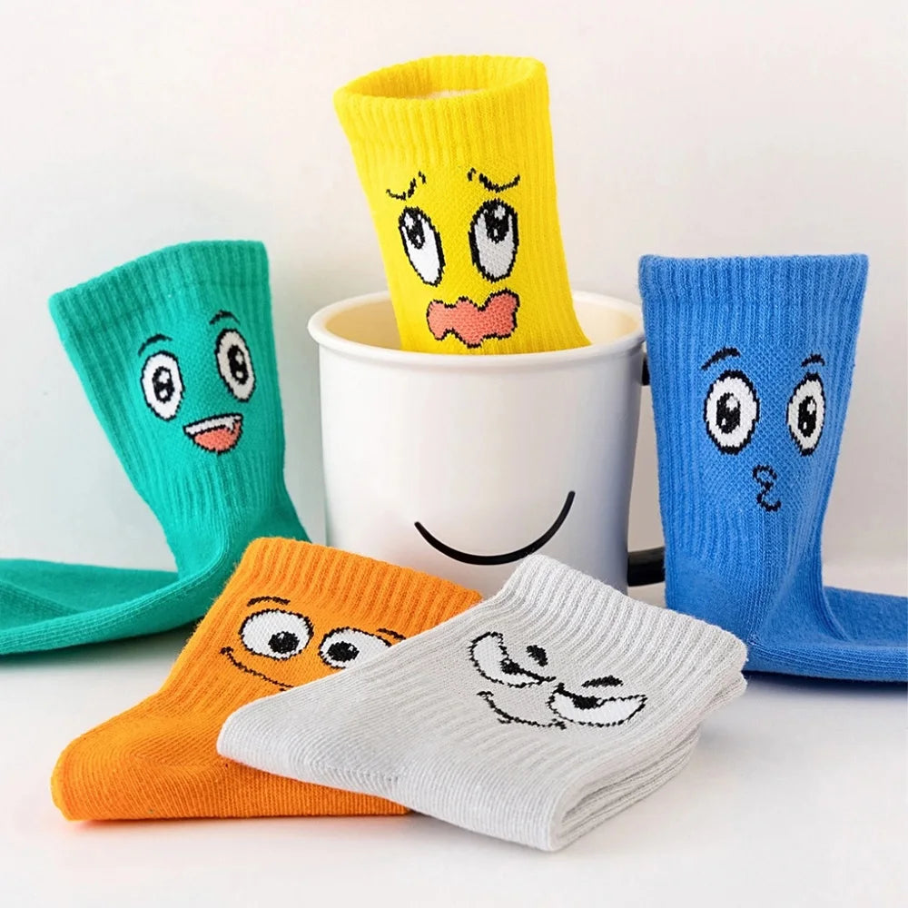 5 Pairs Kids Socks Emoticons Funny Face Pattern Comfortable Breathable
