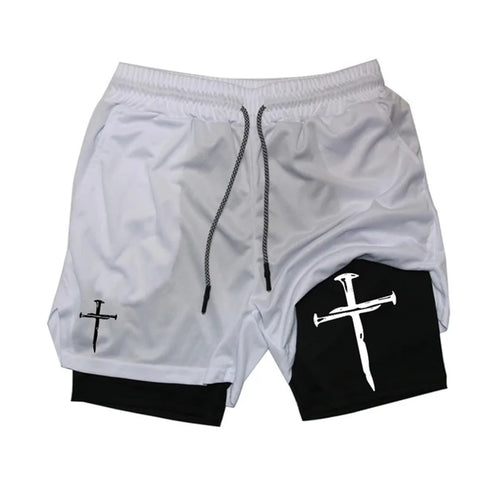 Men's Cross Print 2-in-1 Sports Shorts with Towel Loop Athletic