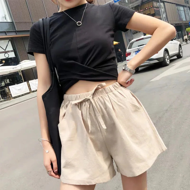 Casual Linen Shorts Women Gym Workout Shorts Cotton Short Pants High
