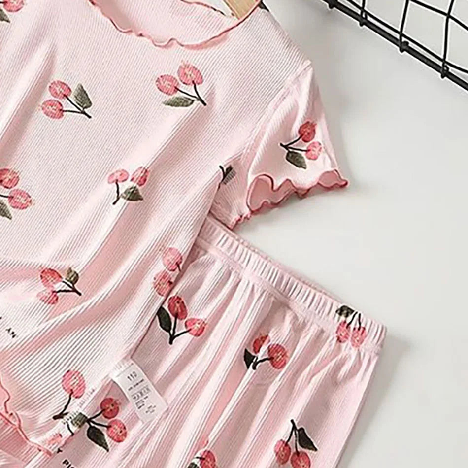Girls  Pajama Set Cherry Blossom Print 4-Way Stretch Shorts &
