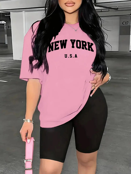 Women's Casual Sportswear 2-Piece Set,"New York"Letter Print Short