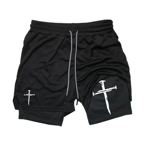 Men's Cross Print 2-in-1 Sports Shorts with Towel Loop Athletic