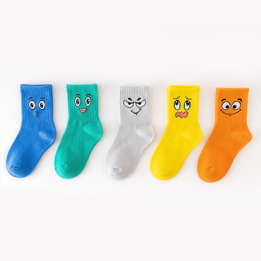 5 Pairs Kids Socks Emoticons Funny Face Pattern Comfortable Breathable