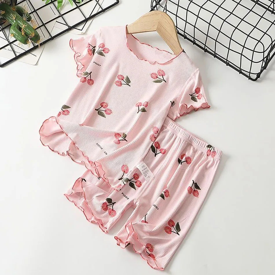 Girls  Pajama Set Cherry Blossom Print 4-Way Stretch Shorts &