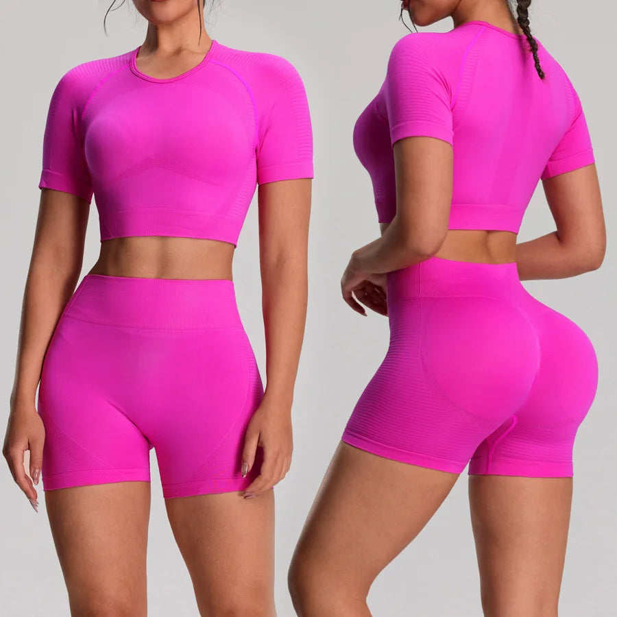 2pcs/sets Yoga Sport T-shirts Shorts Set Sportswear Woman Gym Seamless