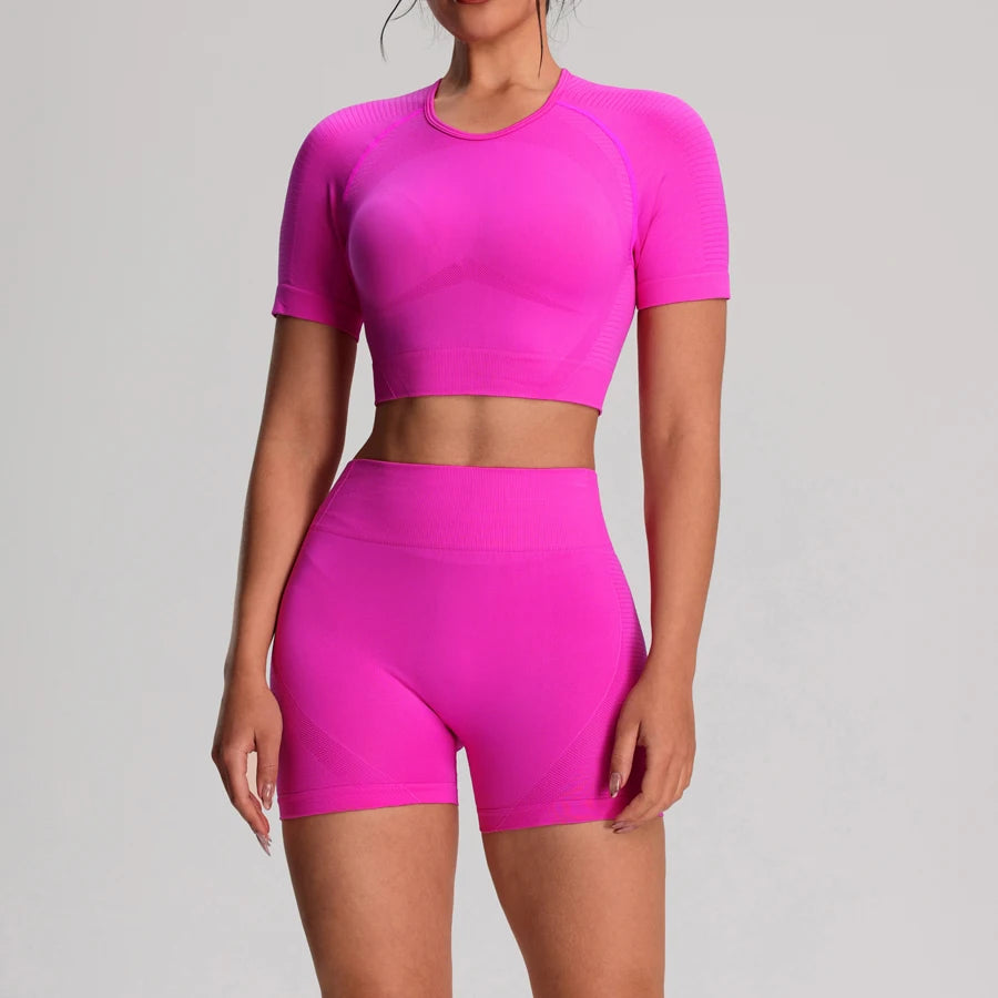 2pcs/sets Yoga Sport T-shirts Shorts Set Sportswear Woman Gym Seamless