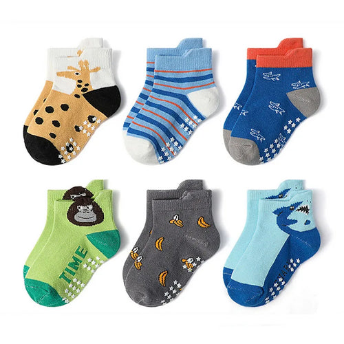 6 Pairs Kids Socks Cartoon Animal Pattern Cotton Non-Slip Floor Socks