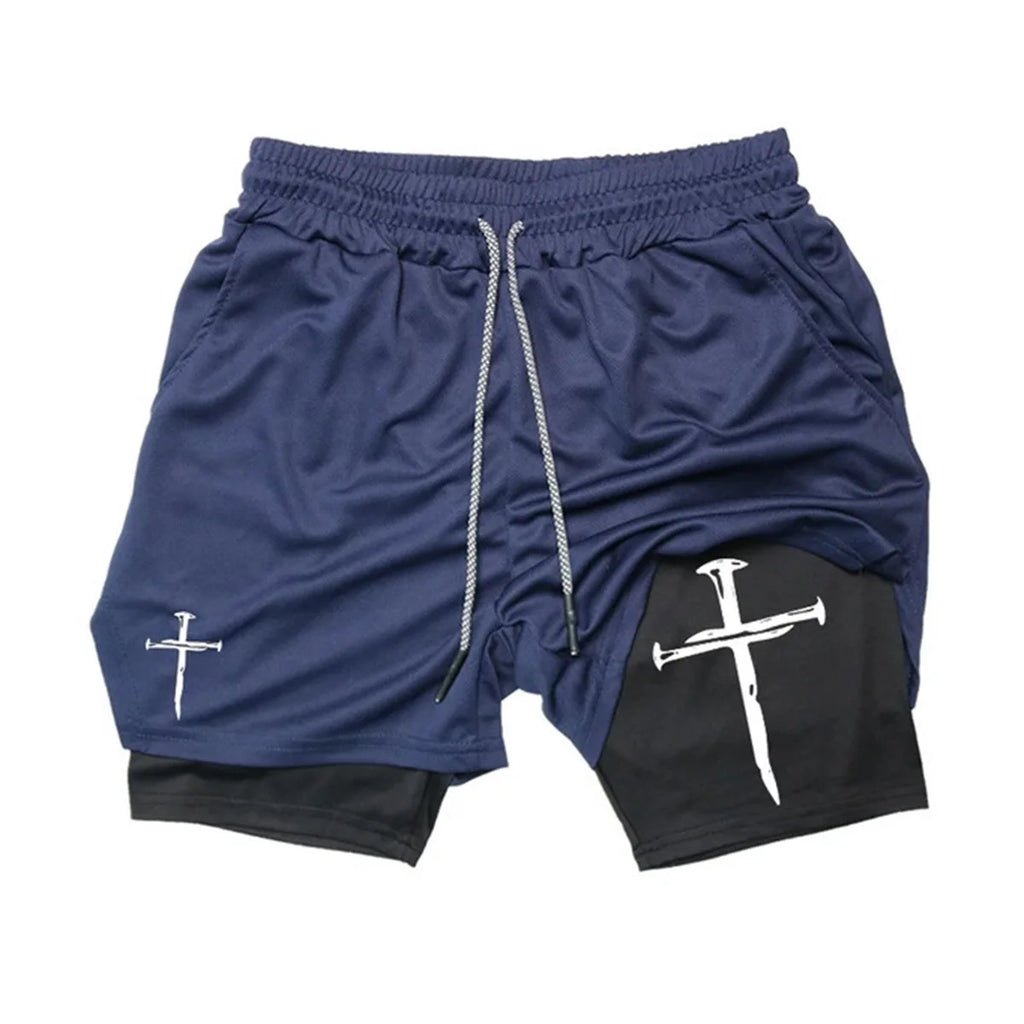 Men's Cross Print 2-in-1 Sports Shorts with Towel Loop Athletic