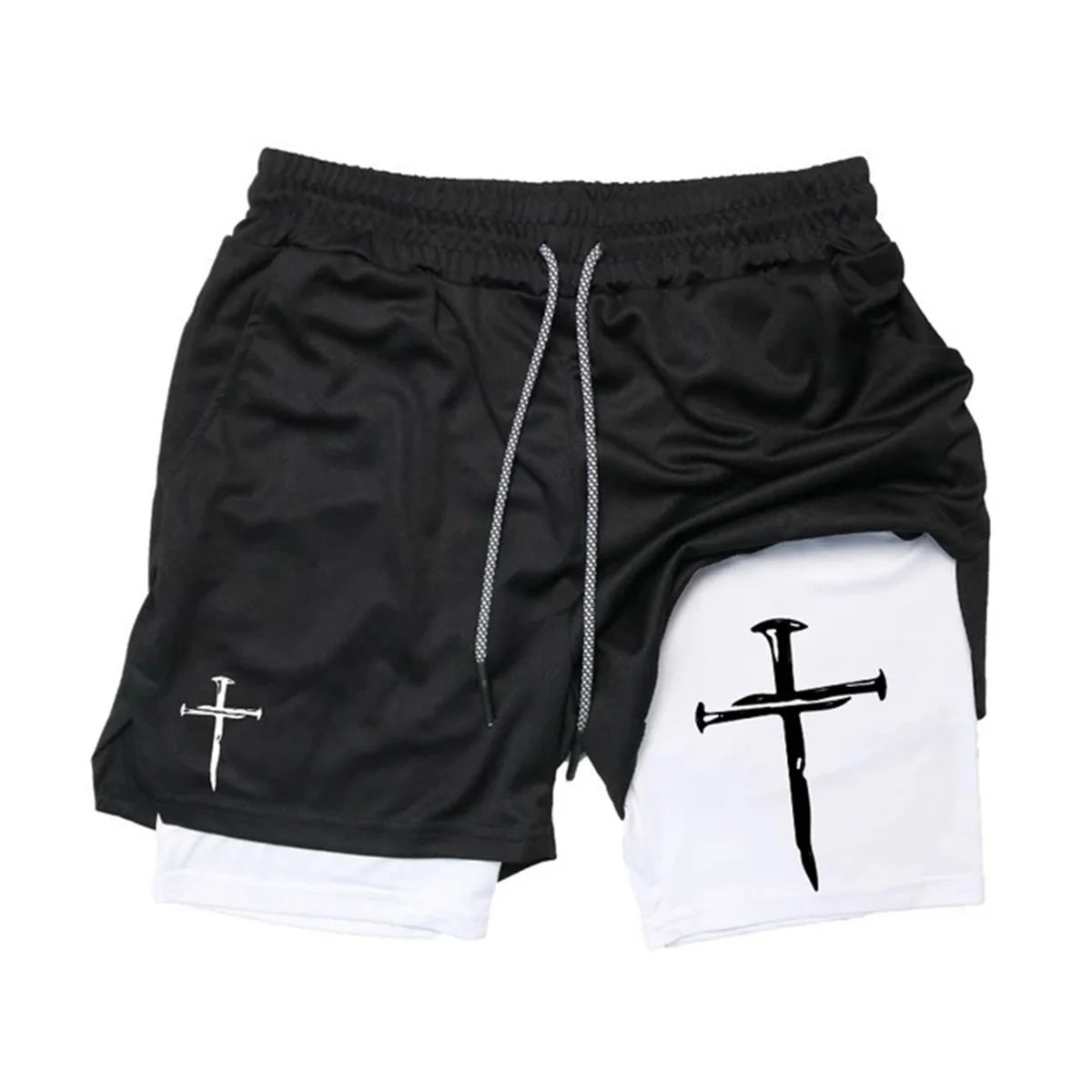 Men's Cross Print 2-in-1 Sports Shorts with Towel Loop Athletic