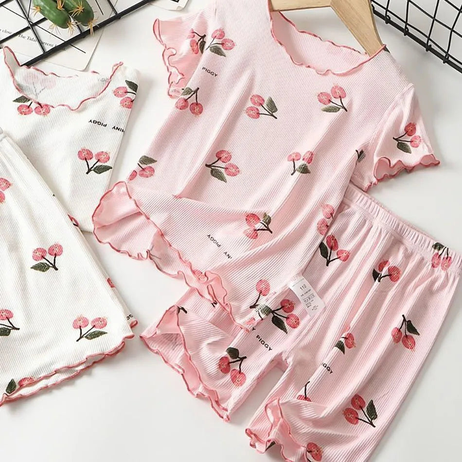 Girls  Pajama Set Cherry Blossom Print 4-Way Stretch Shorts &